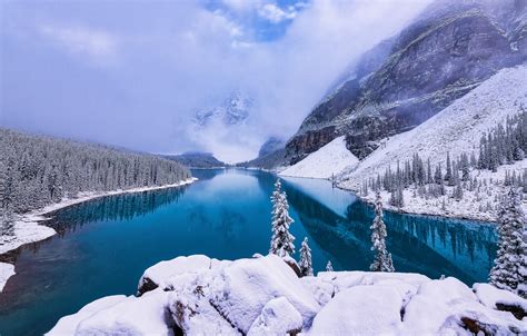 Wallpaper Winter Forest Snow Mountains Lake Shore Ate Canada