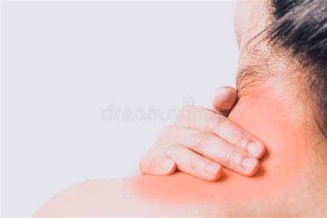 Closeup Women Neck And Shoulder Paininjury With Red Highlights On Pain