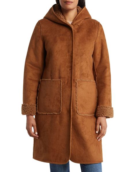 Lucky Brand Faux Shearling Lined Hooded Faux Suede Coat In Brown Lyst