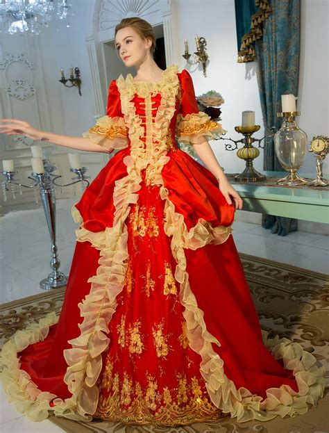 Victorian Dress Costume Red Retro Costume Baroque Embroidered Zipper