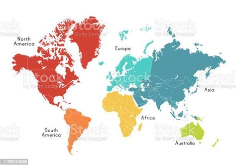 World Map Divided Into Six Continents In Different Color Stock