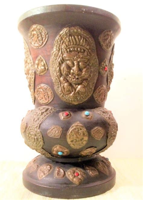 Antique Tibetan Nepalese Tall Wooden Vase Or Storage Jar With Applied