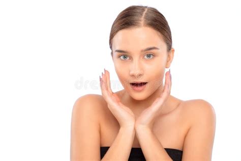 Beautiful Young Woman With Clean Skin Holds Her Hands Near Her Face