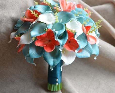 Teal Coral Bridal Bouquet Real Touch Calla Lilies Coral Etsy