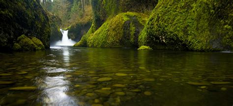 Wallpaper Landscape Waterfall Rock Reflection Moss Green River