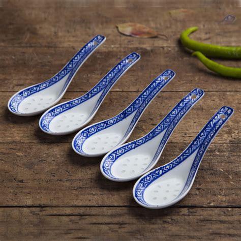 5pcs White Porcelain Spoons Blue Patterned Asian Ceramics Chinese Soup