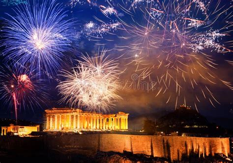 Akropolis Mit Feuerwerk Feier Des Neuen Jahres In Athen Griechenland