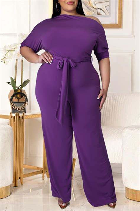 Wholesale Purple Fashion Casual Solid Backless With Belt Oblique Collar Plus Size Jumpsuits