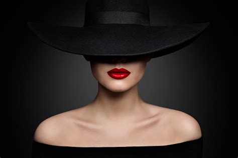 Woman Hat Lips And Shoulder Elegant Fashion Model In Black Wide Broad Brim Hat Retro Lady Beauty