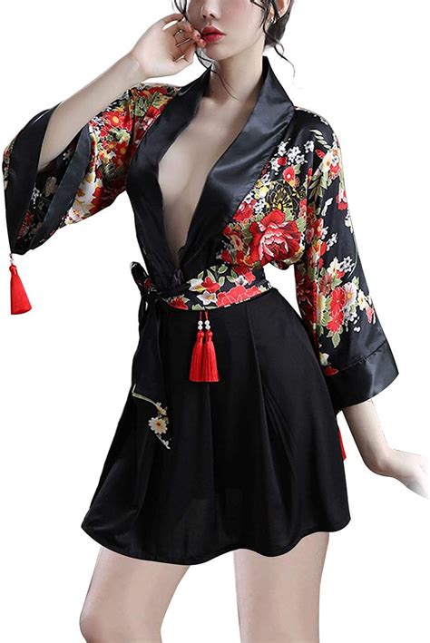 Womens Sexy Kimono Short Dress With Obi Belt Japanese Geisha Costume Bedroom Role Play Lingerie