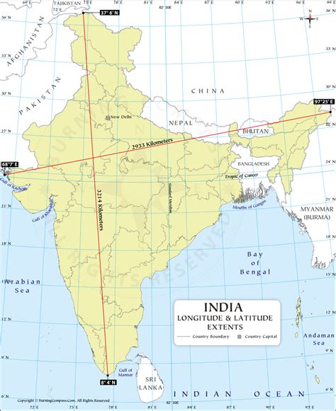 India Latitude And Longitude Extent Map Length And Breadth Of India