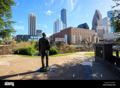 George H W Bush Monument With Downtown Houston Stock Photo Alamy