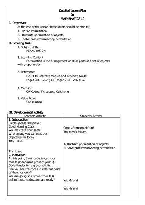 Detailed Lesson Plan In Mathematics Detailed Lesson Plan In