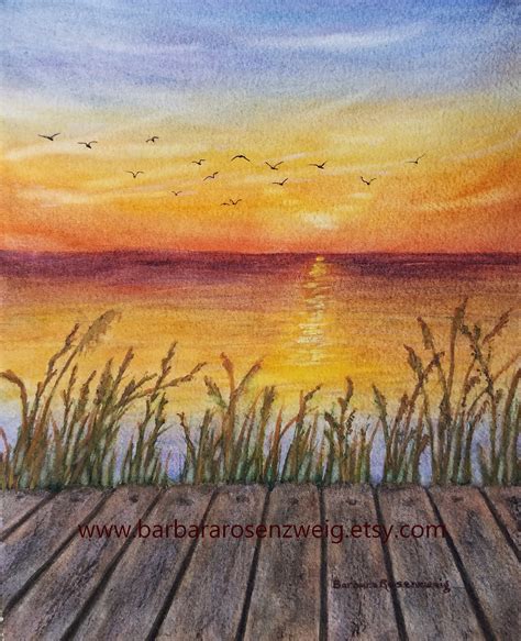 Sea Oats Sunset Dock Watercolor Painting Beach Décor Coastal Wall Art