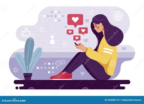 Woman Addicted To Social Media Vector Illustration Stock Illustration