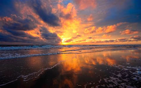 Beach Sea Water Fire Red Clouds Sky Beautiful Sunset Views Wallpaper