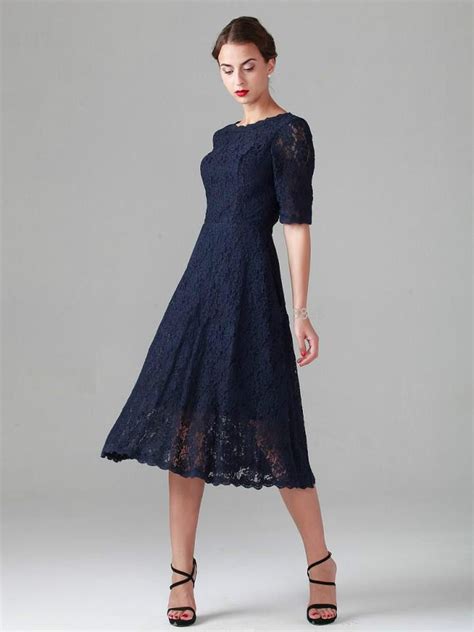 Dam3425 Lace Tea Length Navy Blue Mother Of The Bride