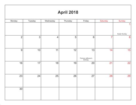 April 2018 Calendar Printable With Holidays Pdf And  Printable