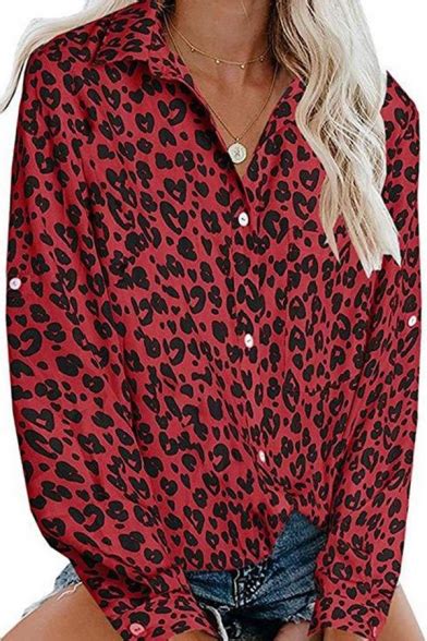 Hot Stylish Womens Red Leopard Print Button Down Long Sleeve V Neck Loose Shirts