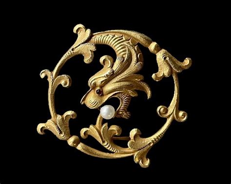 Antique Art Nouveau Griffin Dragon Pin 14k Gold Pearl Ruby