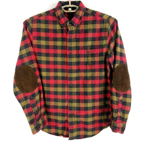 J Crew Red Beige Buffalo Plaid Elbow Patch Button Front Flannel Shirt
