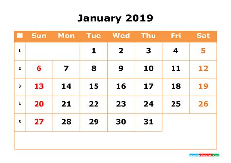 January 2019 Calendar With Week Numbers Printable