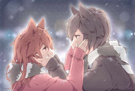 Download 4661x3150 Anime Couple Animal Ears Romantic Profile View