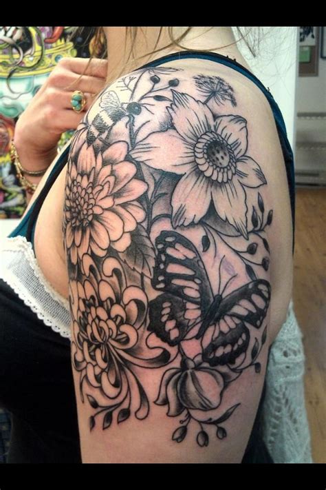 Butterfly tattoo designs with flower patterns go well together. My flower tattoo..clematis, mums, Queen Anne's Lace ...