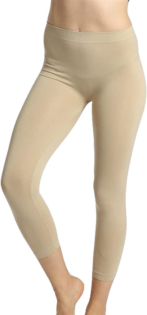 basic solid stretch seamless skinny slim tights capris legging xs l beige at amazon women s