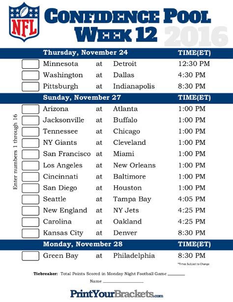 Week Nfl Schedule Printable Customize And Print