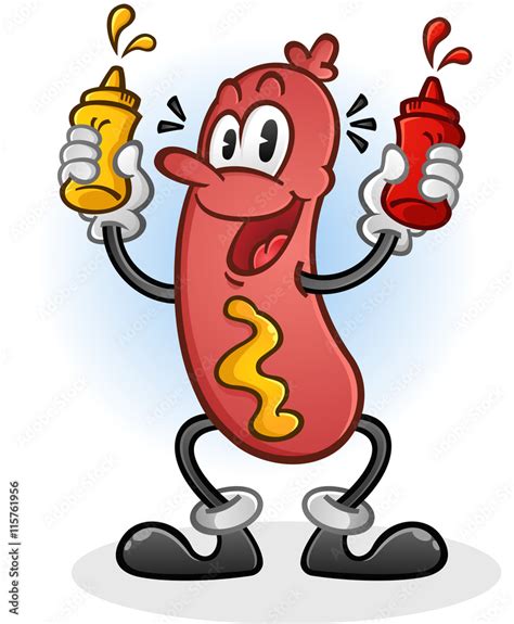 Retro Hot Dog Cartoon Character Squirting Mustard And Ketchup Stock