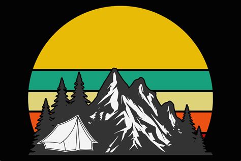 Camping Tent Mountain Trees Retro Sunset Graphic By Sunandmoon