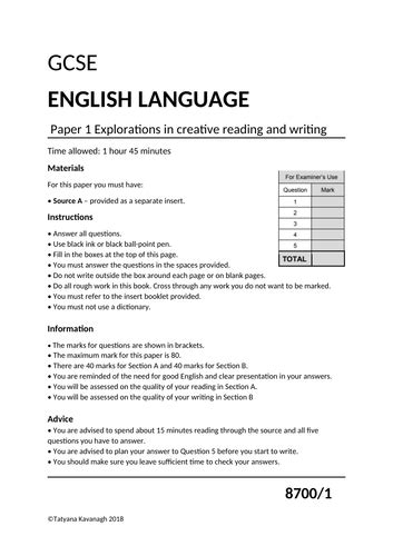 Gcse English Aqa Exam Paper 1 Qp Mock Teaching Resources