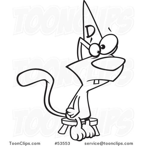 Cartoon Outlined Dumb Cat Sitting On A Stool And Wearing A Dunce Hat