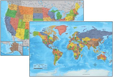 Laminated United States Usa And World Map Poster 24x36