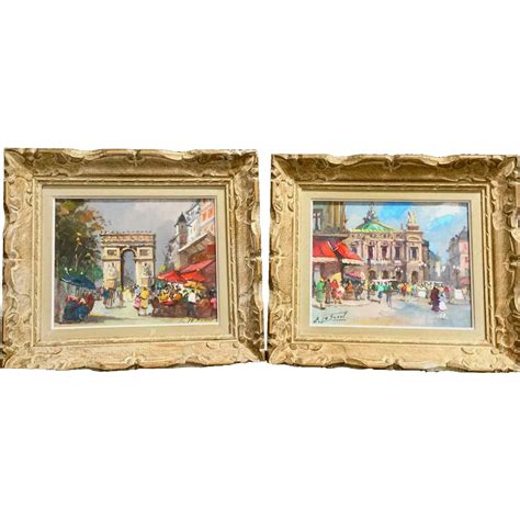 Beautiful Pair Vintage Mid Century French Paris Street Oil Paintings