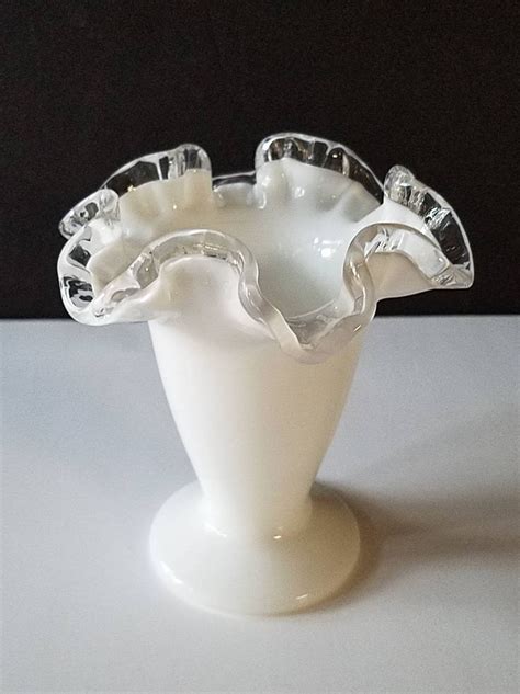 Vintage Fenton Silver Crest Design Milk Glass Vase Ruffled Edge Clear