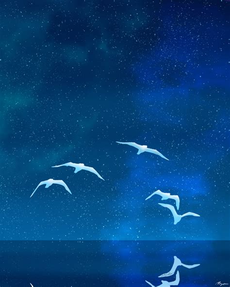 Fantasy Night Time Glowing Bird Reflection Landscape Painting Sky