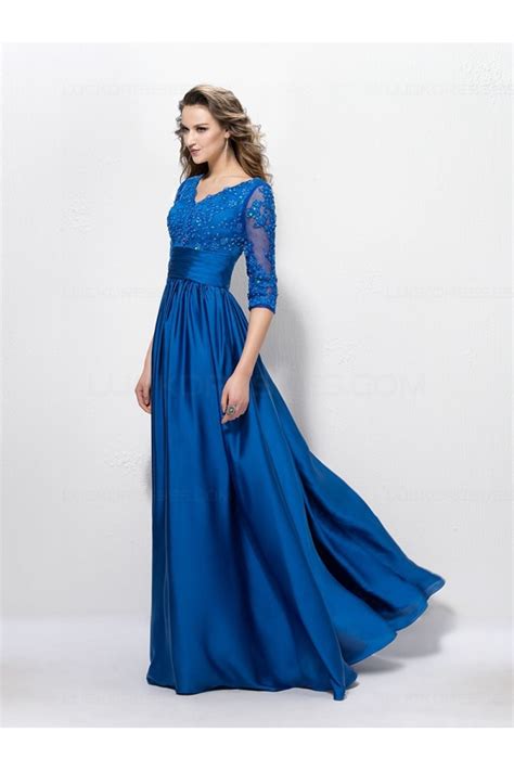 A Line Long Blue V Neck 3 4 Length Sleeves Lace Mother Of The Bride