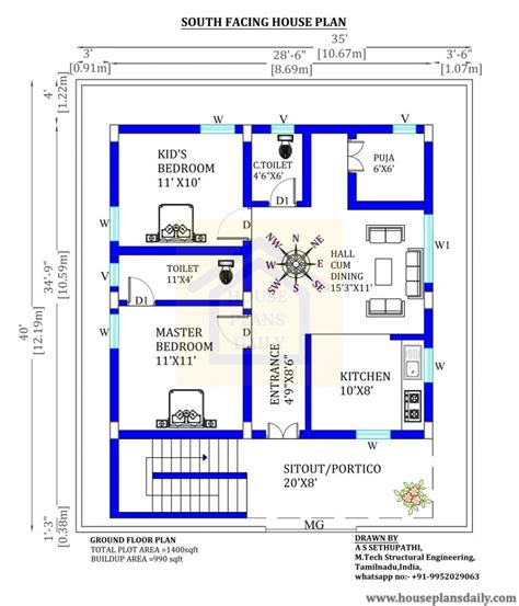 2bhk Floor Plan 1000 Sqft House Plan South Facing Plan House Plan