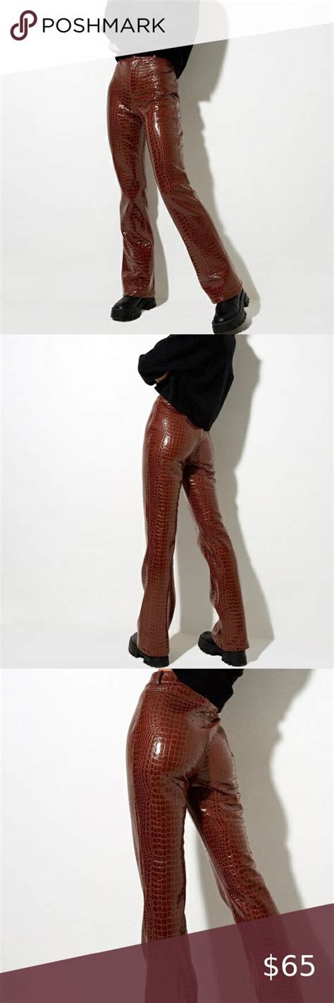 Motel Zoven Flare Trouser In Croc Pu Brown Flare Trousers Clothes