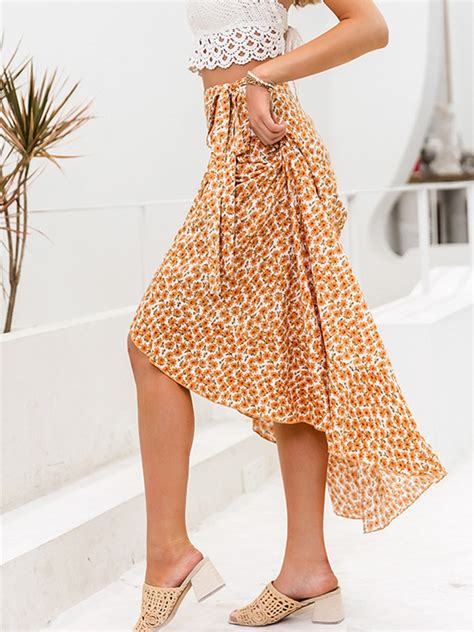 Irregular Ruffle Hem Tie Up Slit Floral Skirt