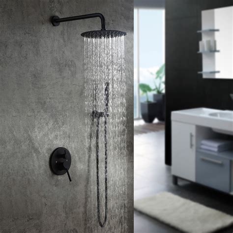 Modern Matte Black Wall Mounted Rain Shower System With Round Rainfall