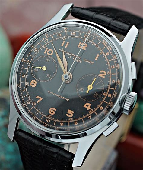Vintage Chronographe Suisse Chronograph Landeron Black Dial Ss Watch