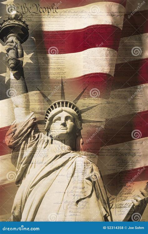 Digital Composite Statue Of Liberty And American Flag Is Underlaid