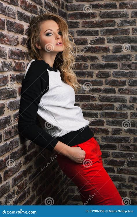 Fashion Portrait Of Beautiful Woman Model In Trendy Casual Sweat Stock