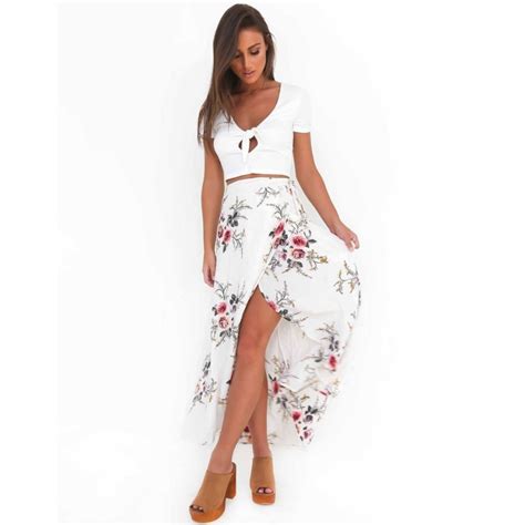 Shop For Vitiana Brand Women Vintage Long Skirts White Floral Print Elegant Beach Maxi Skirt