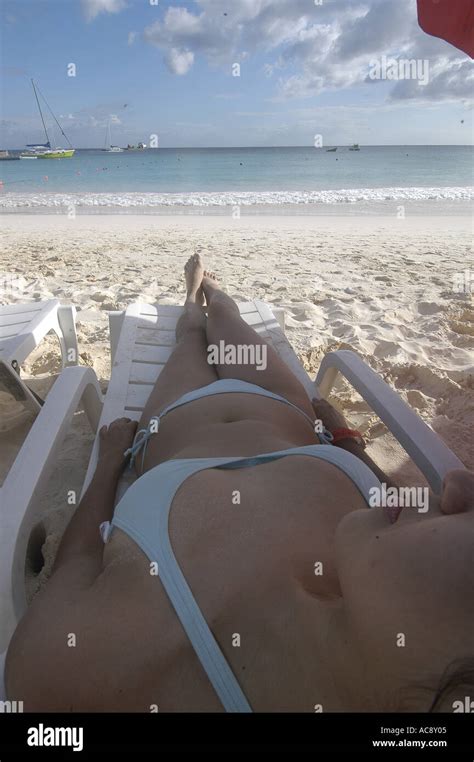 Woman Sunbathing With A Blue Bikini Mr Bayshore Resort Carlisle Bay Bridgetown Barbados