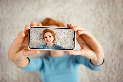 Close Up Photo Amazing Beautiful She Her Lady Hands Telephone Make Take Selfies Toothy Smile