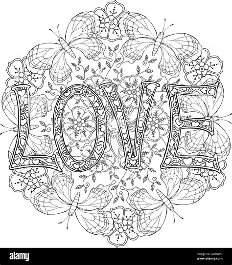 Hand Drawn Monochrome Letters Love Text And Mandala With Butterflies